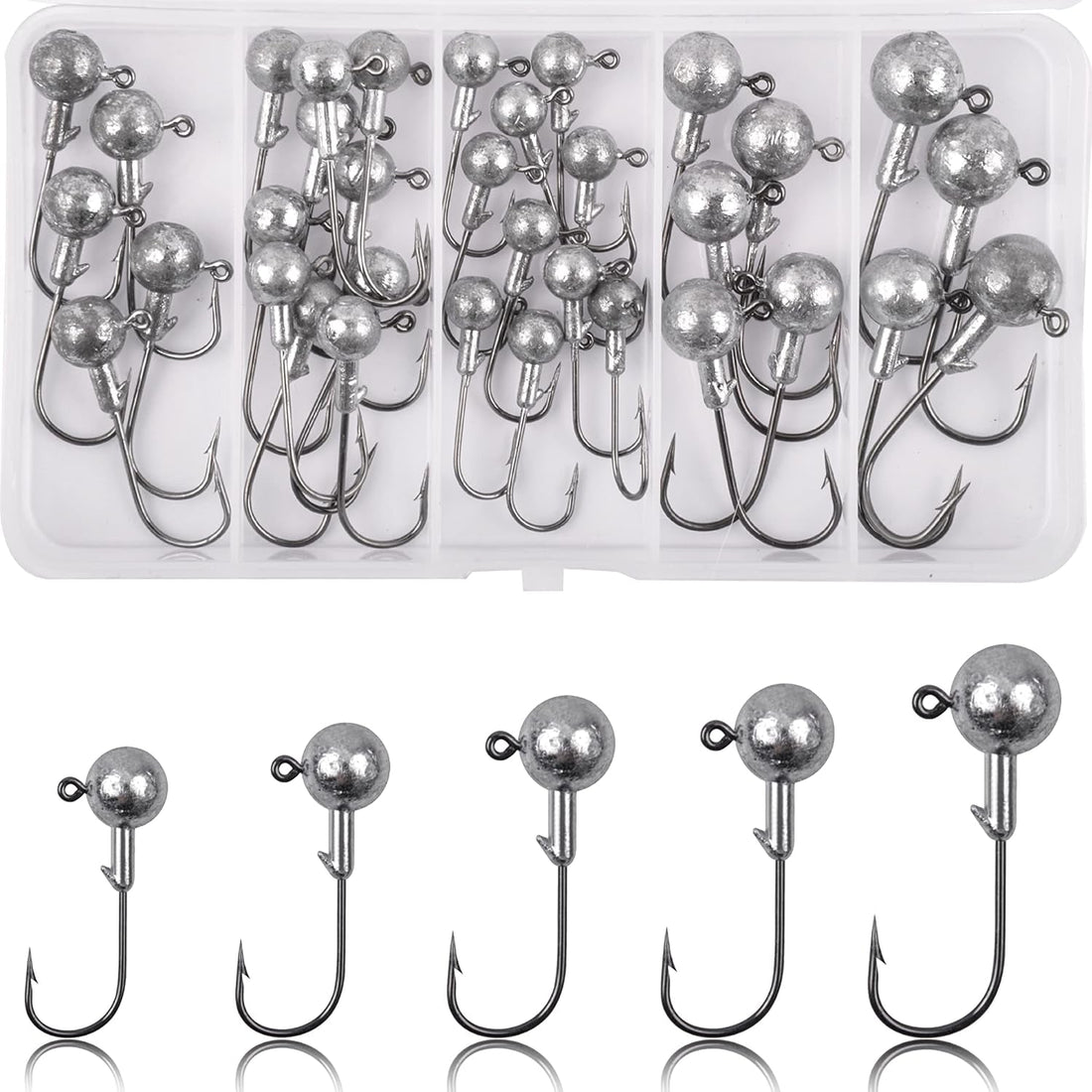 Assorted unpainted fishing jig heads in multiple weights