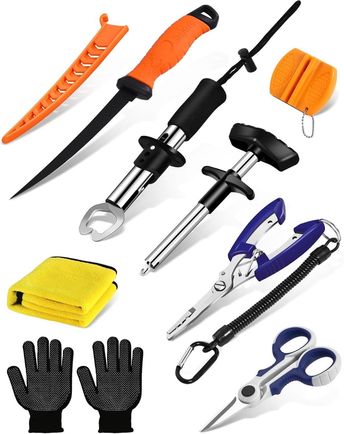 Fishing pliers, hook remover, line cutters, and fish handling tools