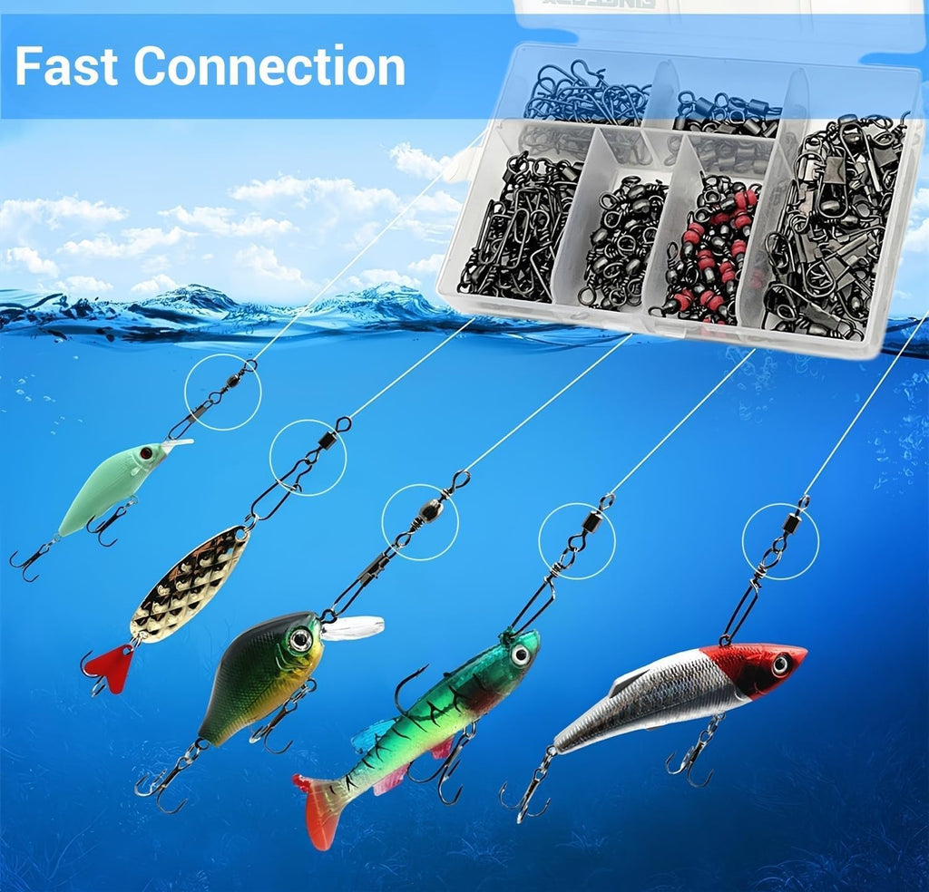 110Pcs Strong Fishing Snap Swivels Kit, Include Rolling Barrel Swivels, Premium 3 Ways Fish Line Connector with Snaps Clips, Fishing Terminal Accessories Tackle Box for Lures Sinkers