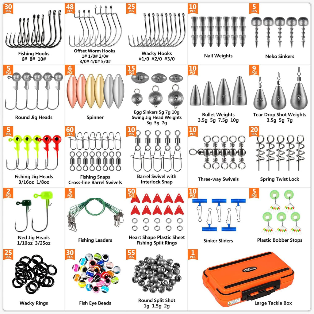 Fishing Gear Accessories Kit, 449PCS Fishing Tackle Box with Tackle Included, Fishing Hooks, Fishing Weights Sinkers, Jig Heads, Fishing Tackle Set Equipment for Bass Trout, Gifts for Men