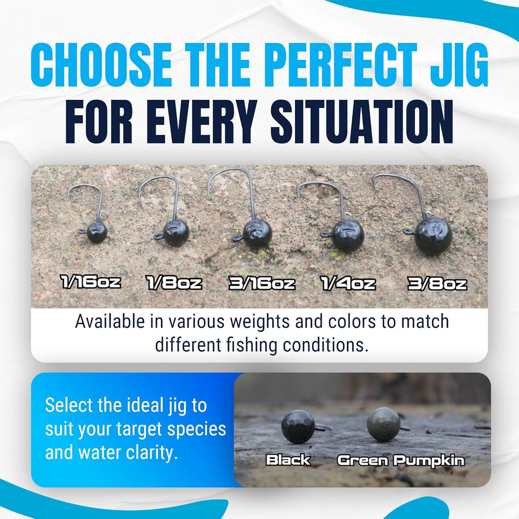 Ball Jig Heads - round Head Jigs for Bass, Walleye, Crappie and Panfish - Soft Plastic Jig Heads for Freshwater and Saltwater (10-Pack)