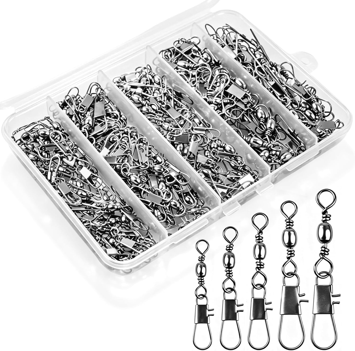 200PCS Ball Bearing Barrel Snap Swivels, Heavy Duty Fishing Swivels with Safety Snap, Anti-Tangle Fishing Tackle Connectors for Freshwater Saltwater Lures Hooks