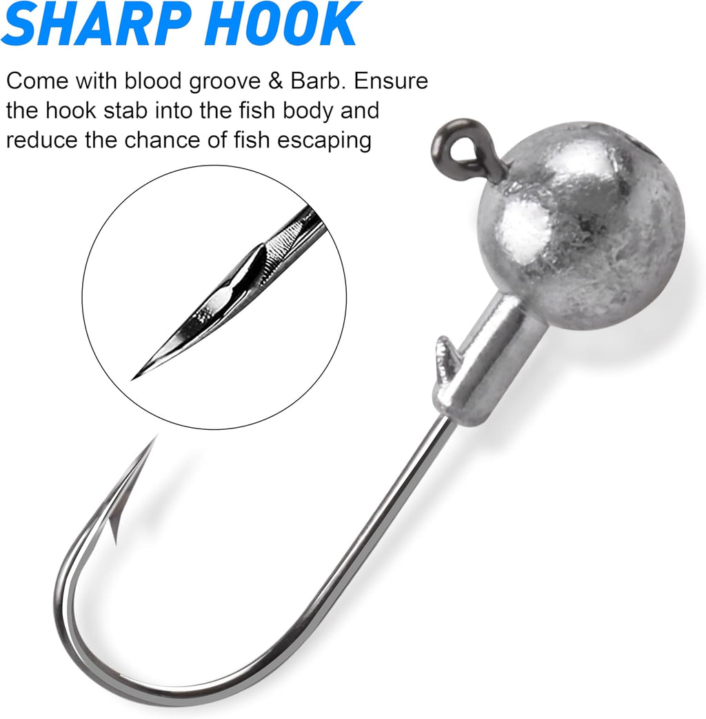 Jig Heads Fishing Hooks Set,Unpainted Jig Heads round Ball Crappie Jigs Sharp Swimbait Jig Heads for Bass Trout Crappie Walleye Saltwater Freshwater Fishing