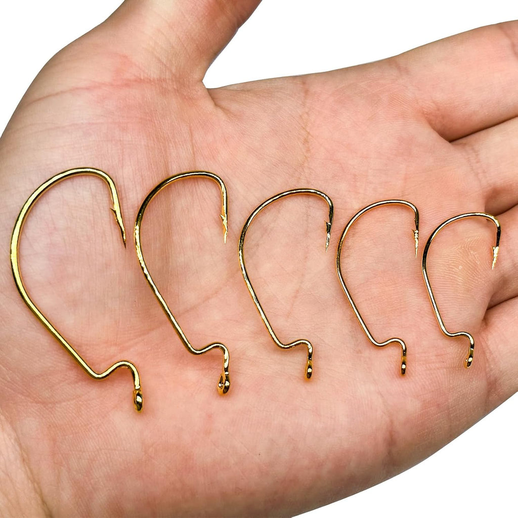 50Pcs Fishing Worm Hooks High Carbon Steel Wide Gap Offset Saltwater Freshwater Extra Strong Circle Jig Worm Fishing Hooks for Bass Trout with Box Packed #1/0-5/0
