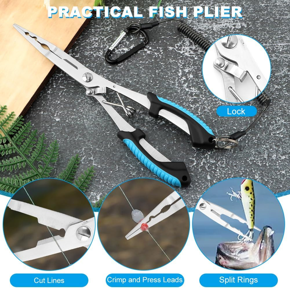 Stainless Steel Fishing Pliers and Fish Gripper Set with Sheath & Lanyard - Multifunctional Fishing Tool Kit for Saltwater Freshwater, Hook Remover, Line Cutter, Crimping