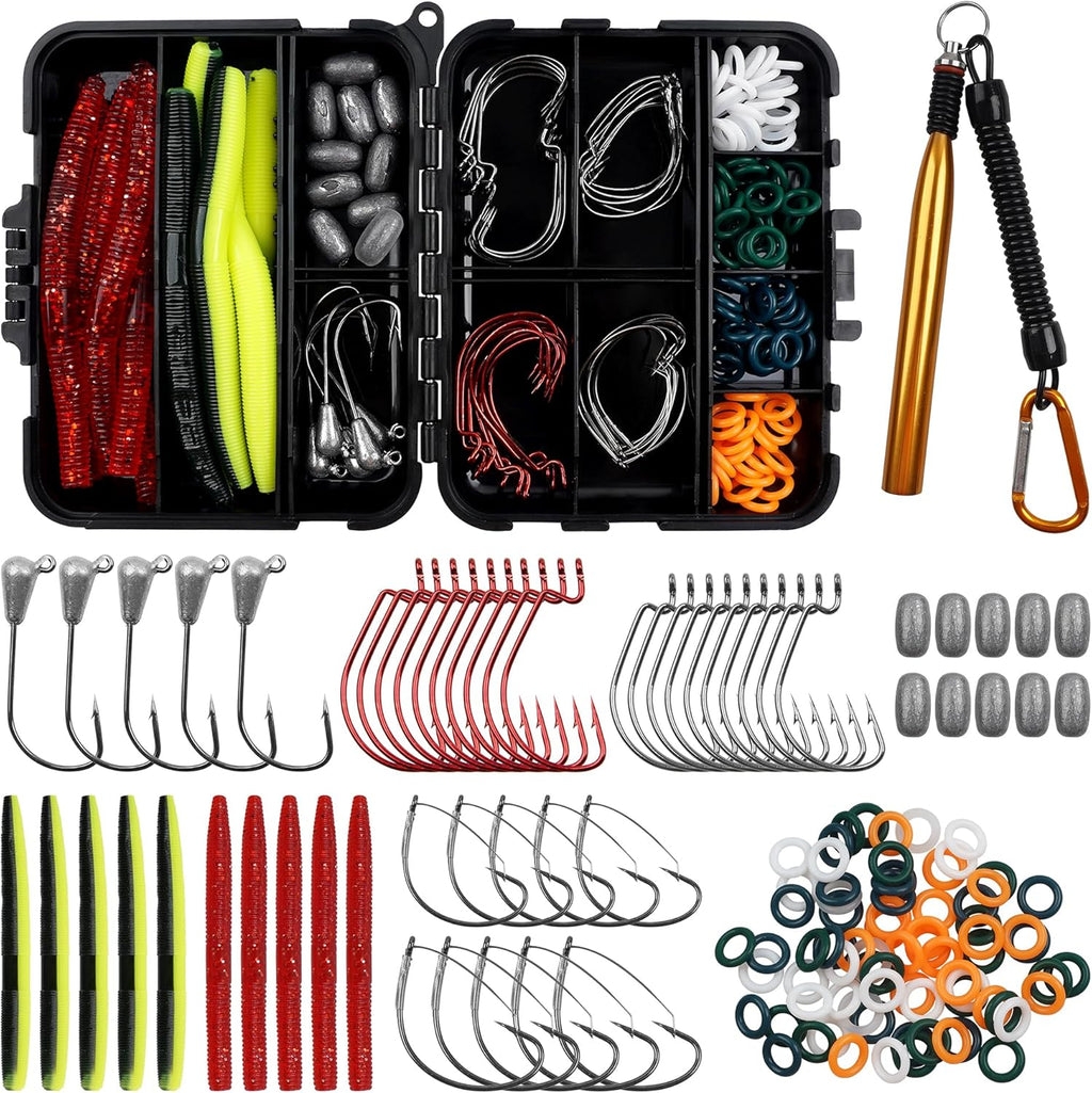 Wacky Rig Kit for Bass Fishing,136Pcs Fishing Box Including Jig Head,Weedless Hooks,O-Rings,Worm Bait,Fishing Hooks,Weight Sinker,Wacly Rig Tools for Saltwater Freshwater