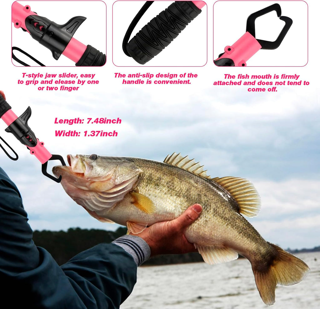 Pink Fishing Tool Set, 9 Modes Rechargeable LED Headlamp, Long Nose Fishing Pliers, Fish Lip Gripper, Night Fishing Gear Kit Fishing Gift for Men Women