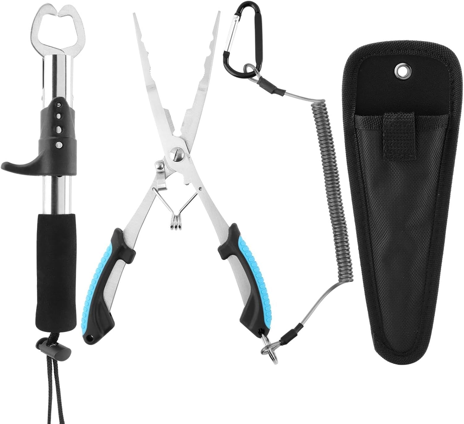 Stainless Steel Fishing Pliers and Fish Gripper Set with Sheath & Lanyard - Multifunctional Fishing Tool Kit for Saltwater Freshwater, Hook Remover, Line Cutter, Crimping
