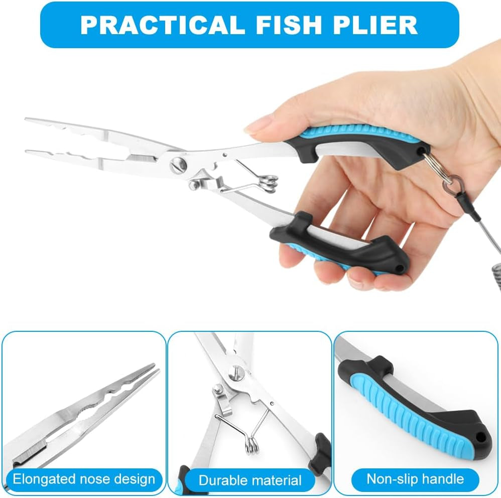 Stainless Steel Fishing Pliers and Fish Gripper Set with Sheath & Lanyard - Multifunctional Fishing Tool Kit for Saltwater Freshwater, Hook Remover, Line Cutter, Crimping