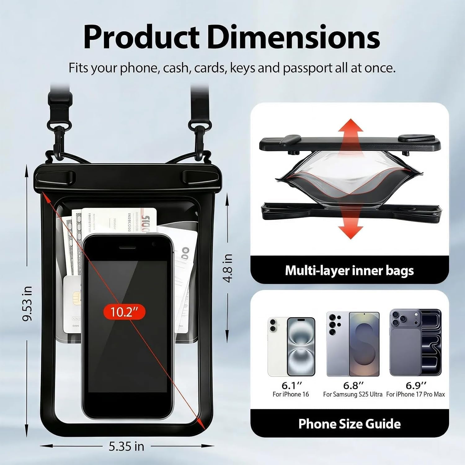 10 Inch Large IPX8 Waterproof Phone Pouch 2 Pack - Dual-Layer with Card Slot & Responsive Touch Screen for Underwater Photos Beach Cruise Travel Essentials for Iphone 17 16, for Galaxy S26