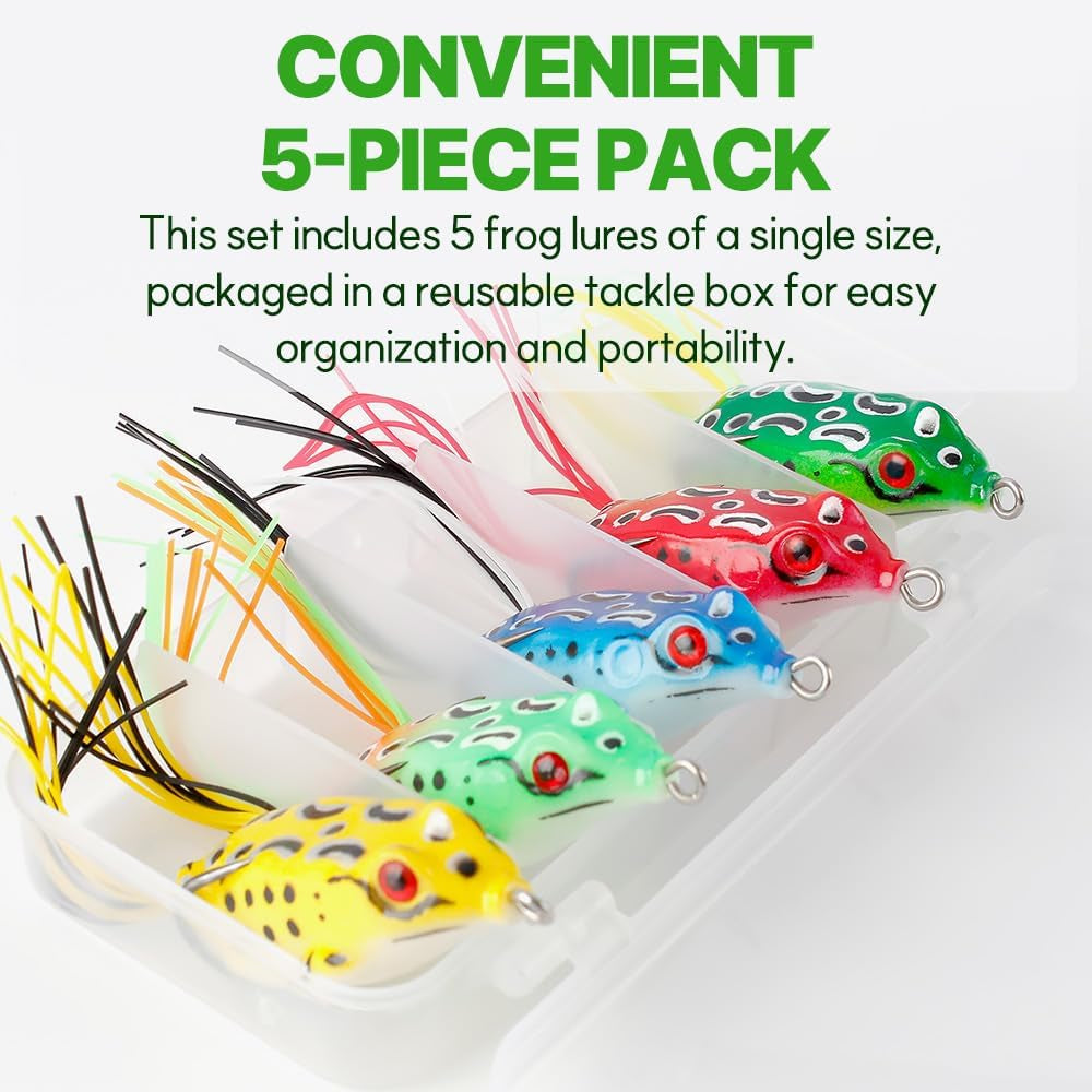Topwater Frog Lures for Bass Fishing, 5 Pack Soft Hollow Body Weedless Frog Bait, Realistic Swimming Action, High Hookup, Crankbait for Freshwater Fishing, Includes Tackle Box