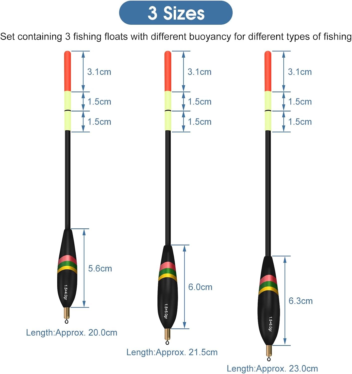 Fishing Floats and Bobbers - 3Pc Slip Bobbers for Crappie, 1.5+6G, 1.5+5G, 1.5+4G