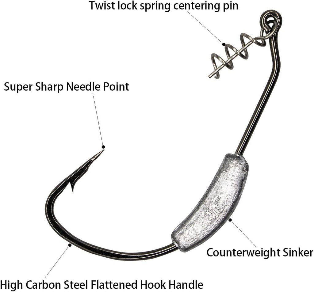 25 Pack Weighted Swimbait Hooks, Jig Heads with Twist Lock, Soft Plastic Worm Fishing Hooks 1/0 2/0 3/0 4/0 5/0