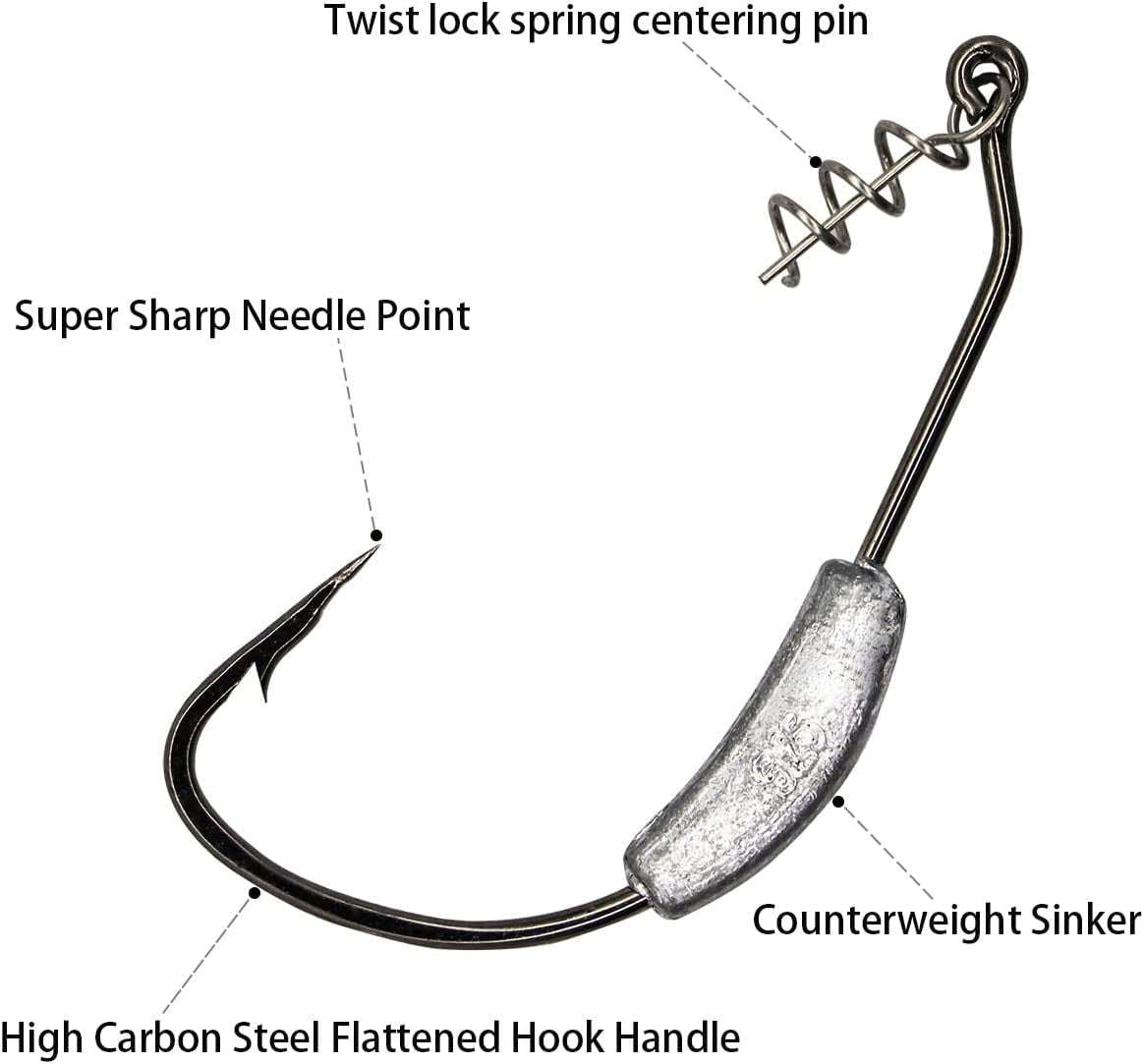 25 Pack Weighted Swimbait Hooks, Jig Heads with Twist Lock, Soft Plastic Worm Fishing Hooks 1/0 2/0 3/0 4/0 5/0
