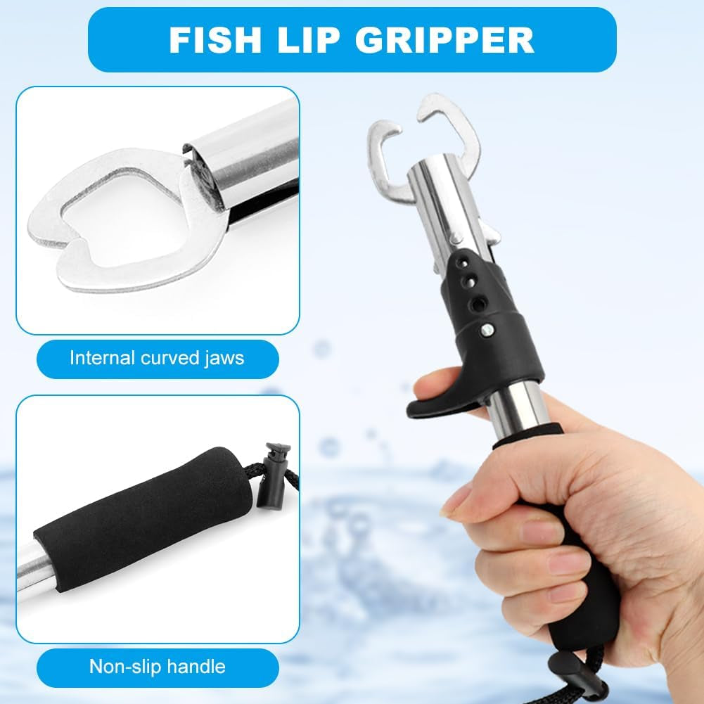 Stainless Steel Fishing Pliers and Fish Gripper Set with Sheath & Lanyard - Multifunctional Fishing Tool Kit for Saltwater Freshwater, Hook Remover, Line Cutter, Crimping