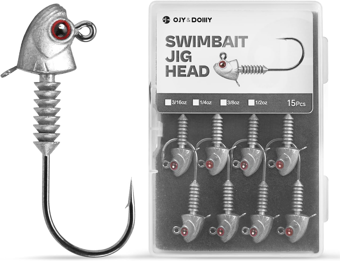 Swimbait Jig Heads with Stacked Cone Keeper, Minnow Style Eye Fishing Jighead 3/16 1/4 3/8 1/2Oz (15 Pcs)
