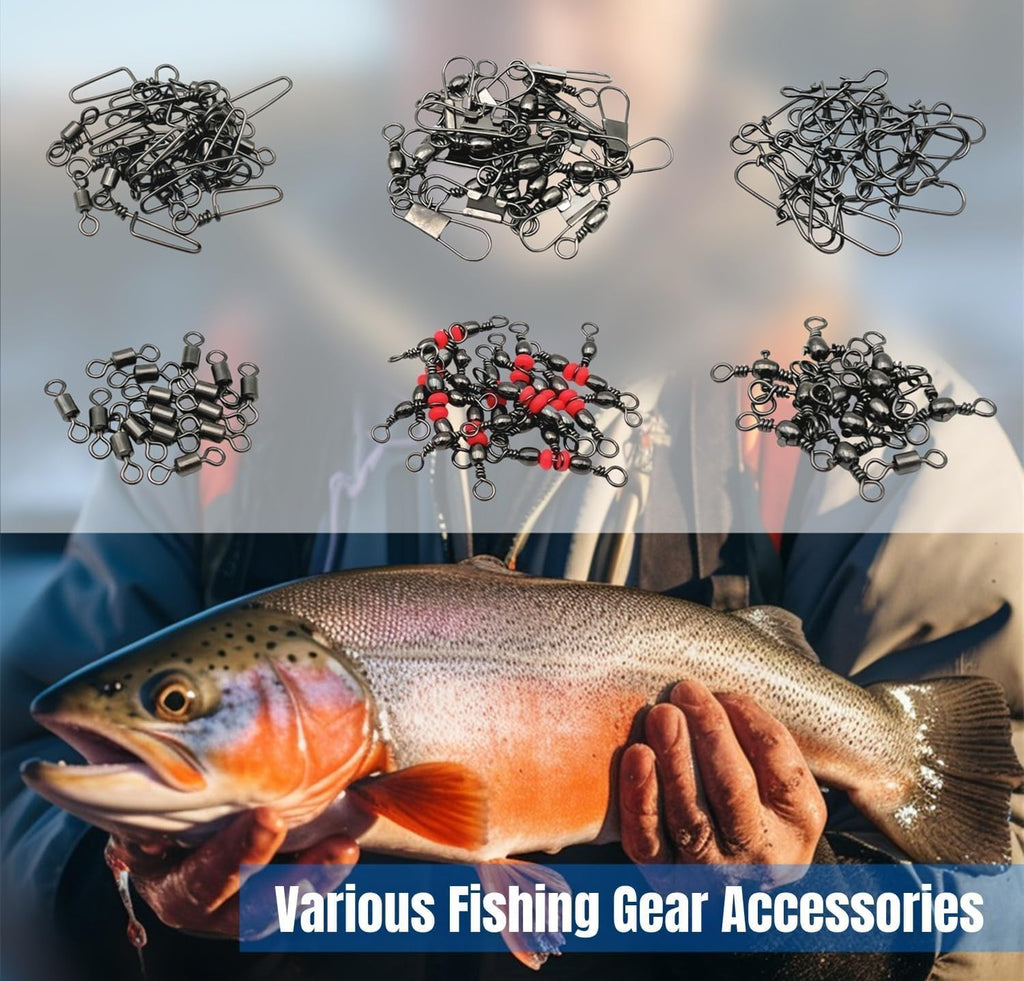110Pcs Strong Fishing Snap Swivels Kit, Include Rolling Barrel Swivels, Premium 3 Ways Fish Line Connector with Snaps Clips, Fishing Terminal Accessories Tackle Box for Lures Sinkers