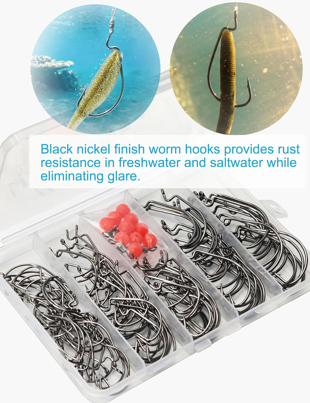 135Pcs Bass Fishing Hooks Set - 110Pcs High Carbon Steel Offset Worm Hooks Assortment #1, 1/0, 2/0, 3/0, 4/0 with 10Pcs 8Mm Red Beads and 5Pcs #2 Barrel Swivels - EWG Hooks for Plastic Worms