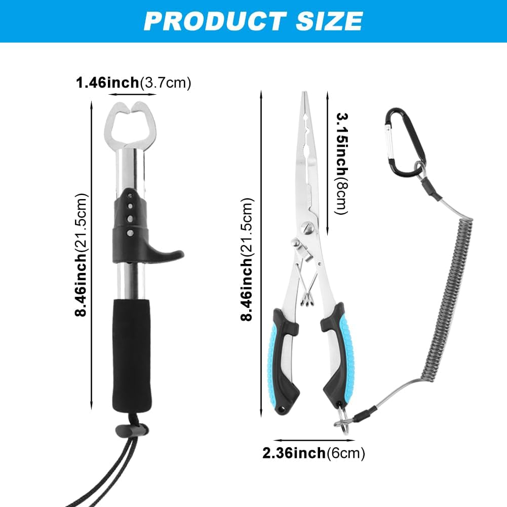 Stainless Steel Fishing Pliers and Fish Gripper Set with Sheath & Lanyard - Multifunctional Fishing Tool Kit for Saltwater Freshwater, Hook Remover, Line Cutter, Crimping