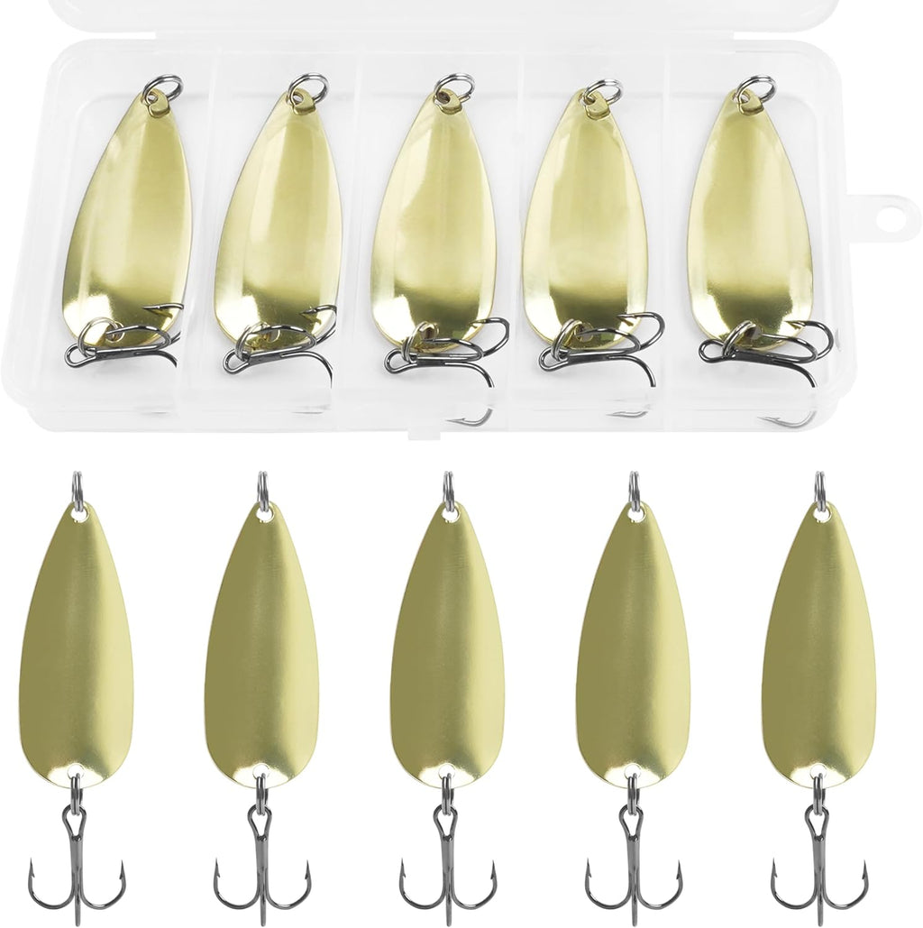 Fishing Spoons Metal Fishing Lures Kit, 5Pcs Gold Metal Jigging Trout Lures Casting Trolling Spoon with with Treble Hooks for Trout Bass Pike Walleye Crappie Bass Salmon