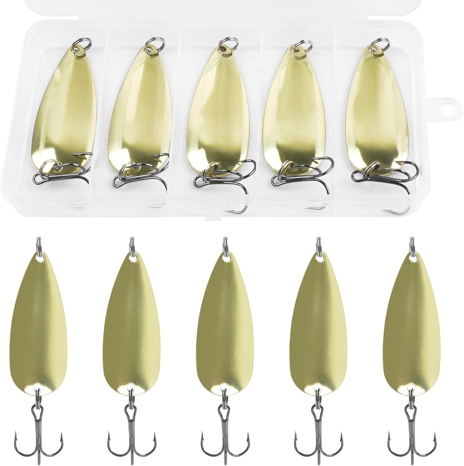 Fishing Spoons Metal Fishing Lures Kit, 5Pcs Gold Metal Jigging Trout Lures Casting Trolling Spoon with with Treble Hooks for Trout Bass Pike Walleye Crappie Bass Salmon