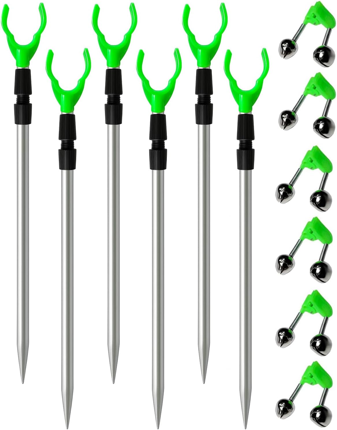 Fishing Rod Holder, Adjustable Telescopic Fishing Pole Holders for Ground Fishing Rod Holders Sand, 6-Pack with Alarm Bells