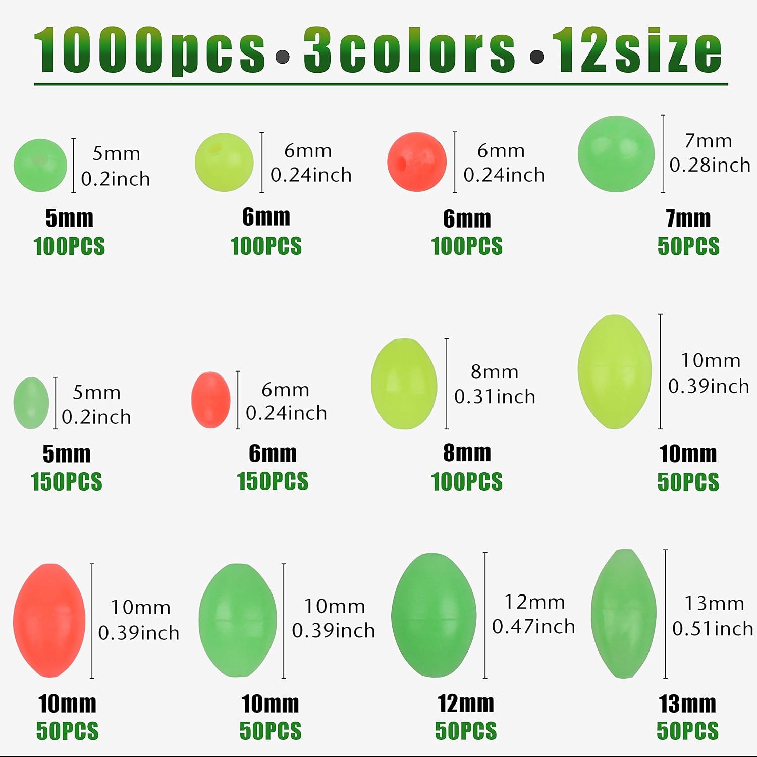 Soft Fishing Beads Assortment Kit,1000Pcs Glow Beads Fishing Bait Eggs Luminous Oval round Plastic Rig Beads Fishing Tackle Saltwater for Steelhead Trout
