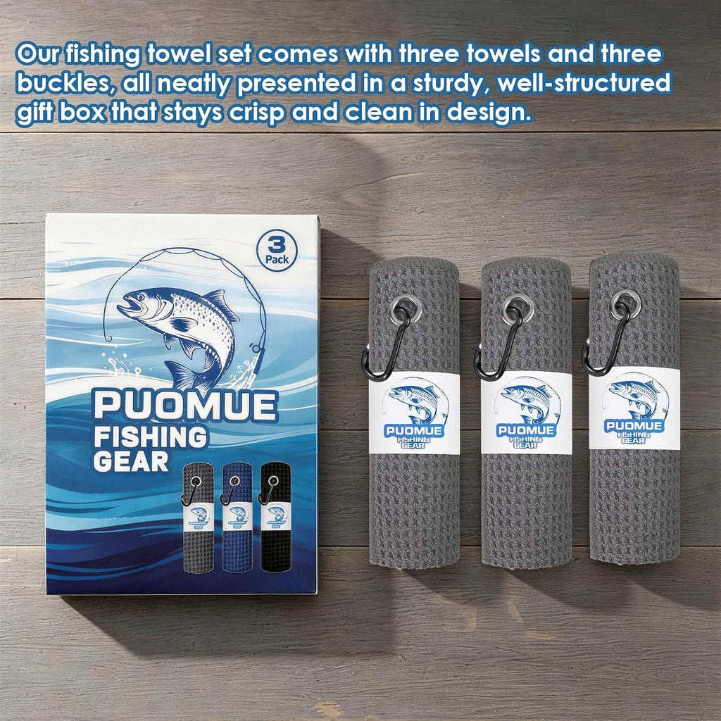 3 Pack Microfiber Fishing Towels with Clip, 16" X 16", Waffle Pattern for Effective Cleaning of Fishing Gears or Dirty Hands, Perfect for Camping Towels and Hiking Towles (Grey, 16"X16")