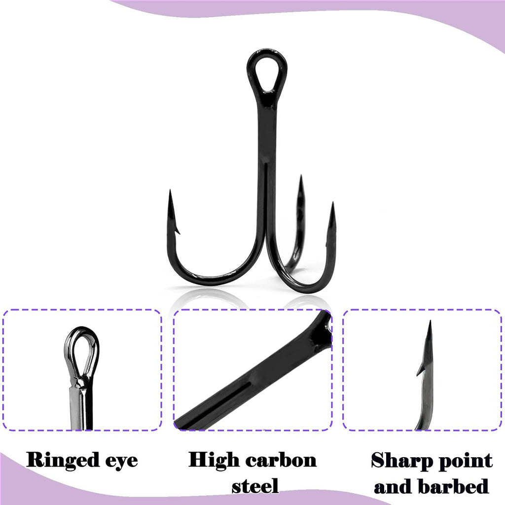 Fishing Treble Hooks Kit - High Carbon Steel 50Pcs Mixed Treble Hooks Size 2/4/6/8/10 | Sharp Fish Hooks for Saltwater & Freshwater Fishing | Durable Fishing Hooks for Lures, Baits