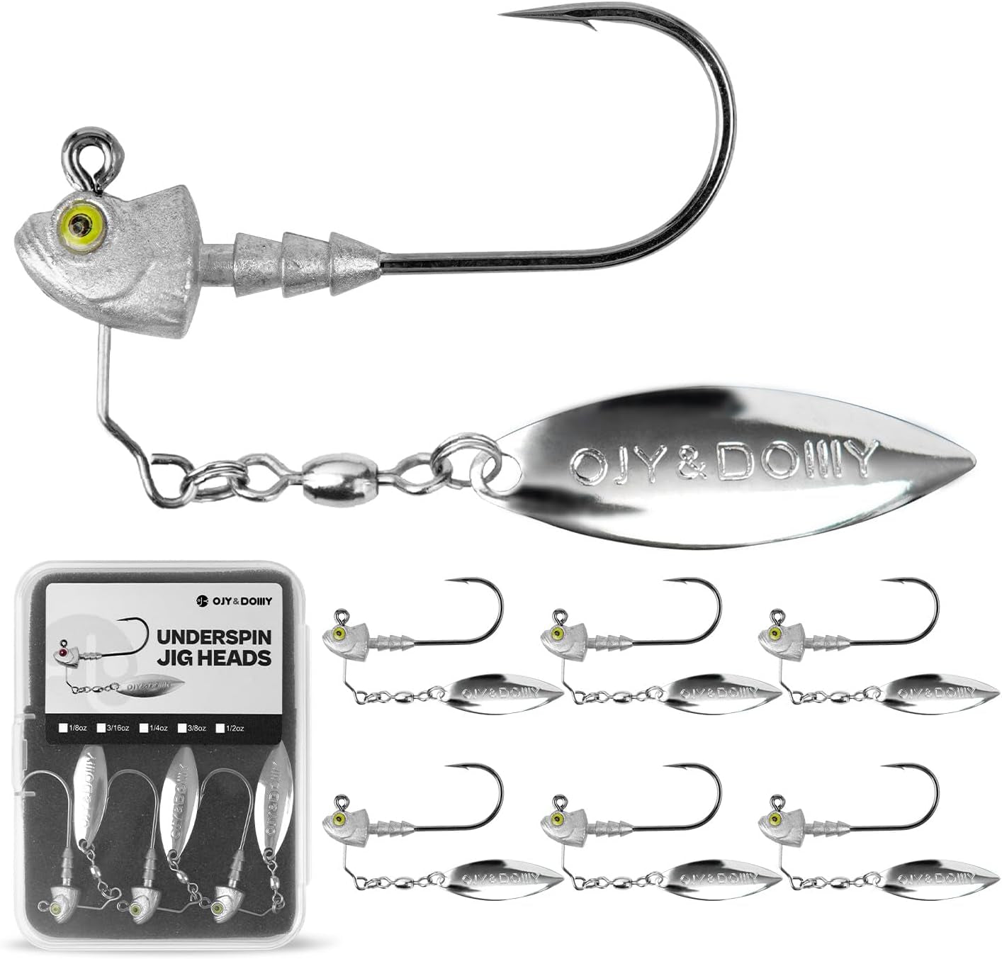 6-Pack Underspin Jig Heads with 100% Brass Blade (Never Rust) - 3/16Oz, 1/4Oz, 3/8Oz, 1/2Oz - Bass & Saltwater Fishing