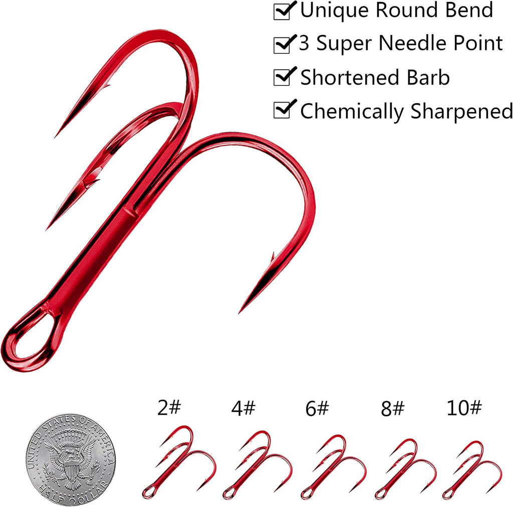 Red Treble Hooks Kit, Circle round Bend Triple Fishing Hooks Stainless Steel Double Split Rings Assorted Fishing Tackle Box Kit for Fishing Gear Equipment Freshwater Saltwater