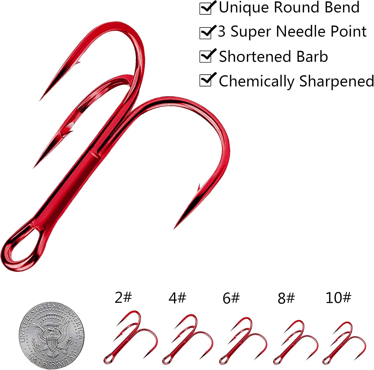 Red Treble Hooks Kit, Circle round Bend Triple Fishing Hooks Stainless Steel Double Split Rings Assorted Fishing Tackle Box Kit for Fishing Gear Equipment Freshwater Saltwater