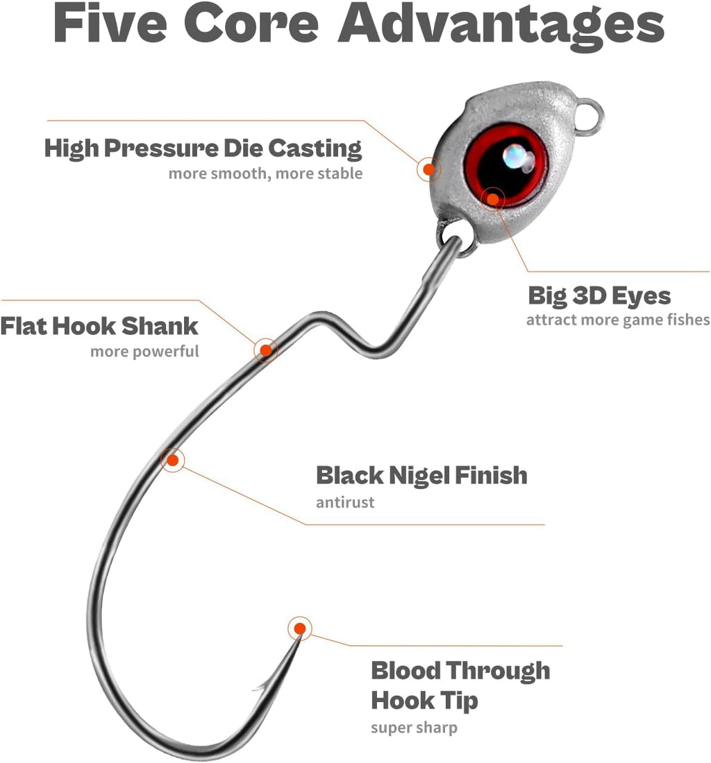 OJY&DOIIIY Fish Eye Swimbait Jig Heads, 12/20 Pack Weighted Hooks for Texas Rig or Ned Rig Fishing 1/8 3/16 1/4 3/8 Oz