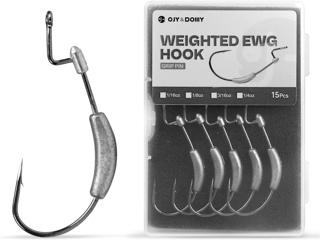 Weighted Swimbait Hooks with Molded Bait Keeper, Equipped with Weedless EWG Worm Fishing Hooks 2/0 3/0 4/0 5/0 1/16 1/8 3/16 1/4Oz (15 Pcs)
