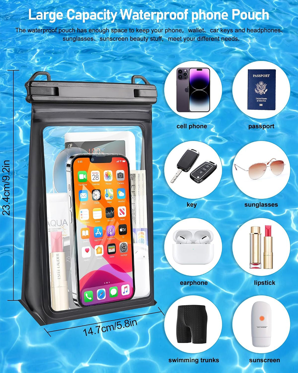 Large Capacity Waterproof Phone Pouch, Floating Dry Bag for Iphone 17 16 13 12 11 Pro Max Galaxy S22 S21 Waterproof Bag Sunscreen Glasses Storage Dry Pouch for Swimming Rafting Boating