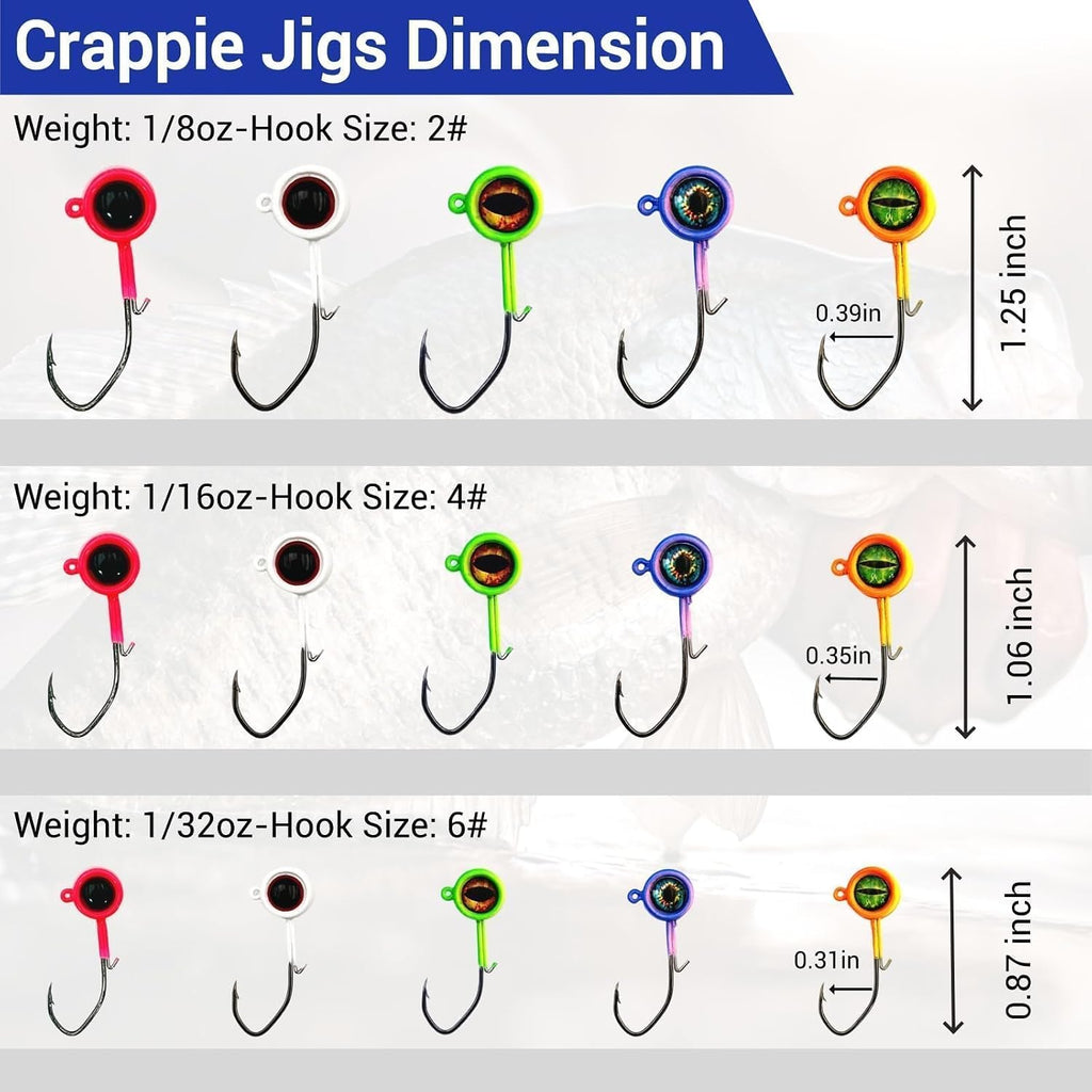 60Pcs Big Eye Crappie Jig Heads Kit, Bright Color Panfish Fishing Jig Heads Hook with Wired Bait Keeper Swimbait Jighead for Crappie Walleye 3 Sizes 1/32Oz 1/16Oz 1/8Oz