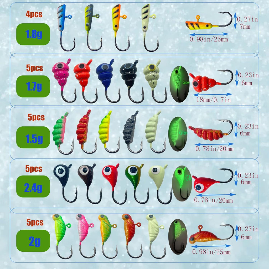 24Pcs Ice Fishing Jigs for Panfish Crappie Sunfish Walleye Ice Fishing Jig Box Gear Accessories Ice Fishing Tackle Box Set