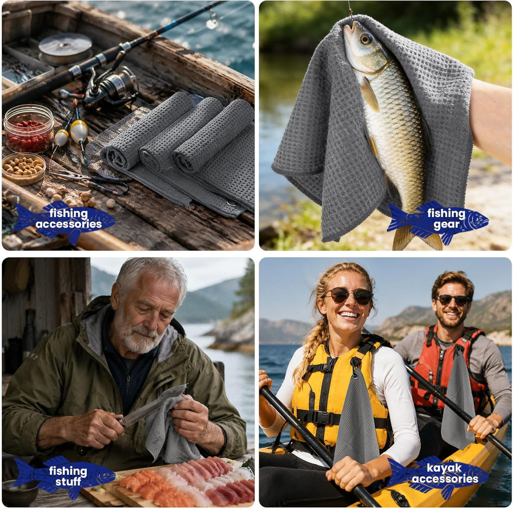 3 Pack Microfiber Fishing Towels with Clip, 16" X 16", Waffle Pattern for Effective Cleaning of Fishing Gears or Dirty Hands, Perfect for Camping Towels and Hiking Towles (Grey, 16"X16")