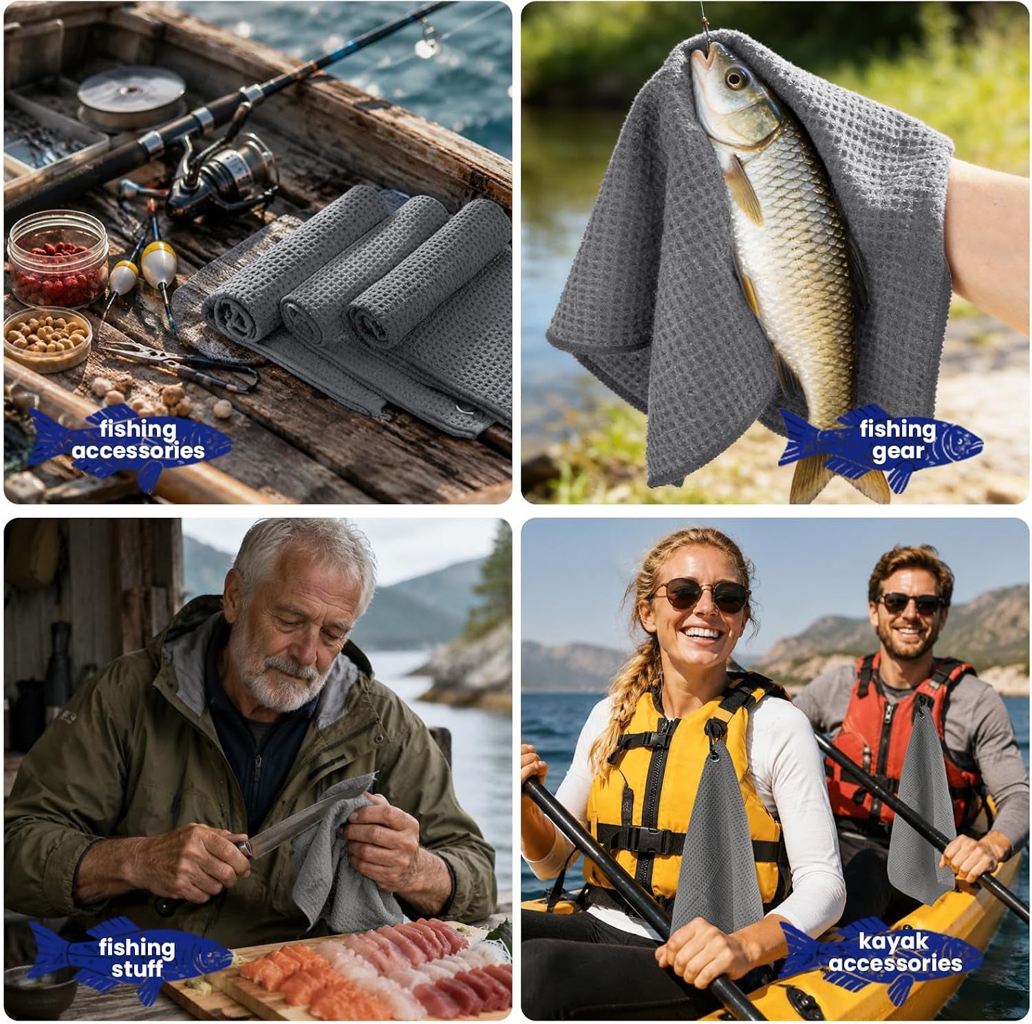 3 Pack Microfiber Fishing Towels with Clip, 16" X 16", Waffle Pattern for Effective Cleaning of Fishing Gears or Dirty Hands, Perfect for Camping Towels and Hiking Towles (Grey, 16"X16")