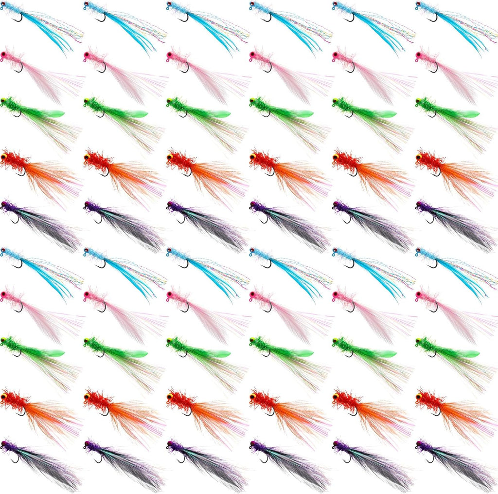 60 Pcs Crappie Jigs Marabou Jig Heads with Feather Hand Tied Marabou Fishing Hair Jigs Rainbow Fishing Lures Kit for Panfish Sunfish Walleye, 1/32 Oz