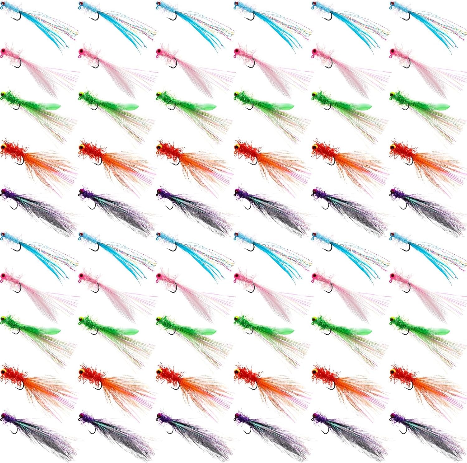 60 Pcs Crappie Jigs Marabou Jig Heads with Feather Hand Tied Marabou Fishing Hair Jigs Rainbow Fishing Lures Kit for Panfish Sunfish Walleye, 1/32 Oz