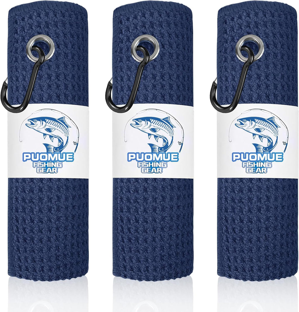 3 Pack Microfiber Fishing Towels with Clip, 16" X 16", Waffle Pattern for Effective Cleaning of Fishing Gears or Dirty Hands, Perfect for Camping Towels and Hiking Towles (Blue, 16"X16")
