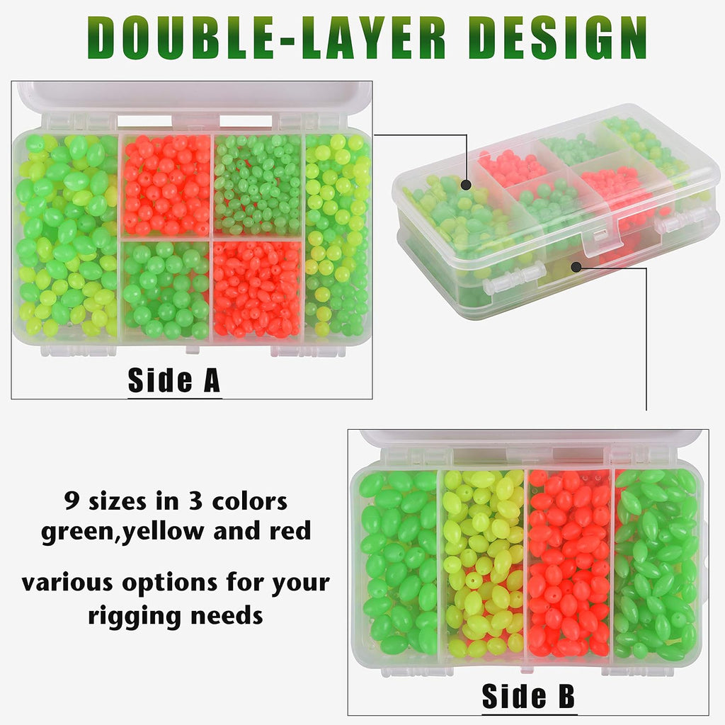 Soft Fishing Beads Assortment Kit,1000Pcs Glow Beads Fishing Bait Eggs Luminous Oval round Plastic Rig Beads Fishing Tackle Saltwater for Steelhead Trout