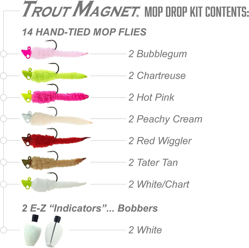 - Mop Drop Kit - 14 Hand Tied Mop Flies - 2 E-Z Strike Indicators - Fly Fishing Trout Kit - Great for Trout and Panfish