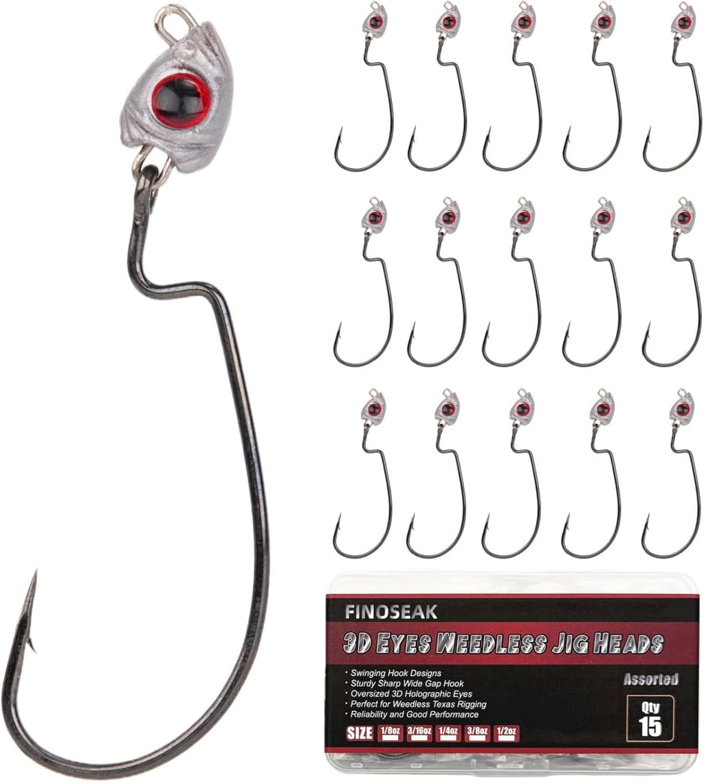 Vivid Fish Eyes Swimbait Jig Heads for Fishing, 15Pcs Swing Bass Jigheads Lifelike Weedless Jig Heads for Ned Rig or Texas Rig 1/8 3/16 1/4 3/8 1/2Oz
