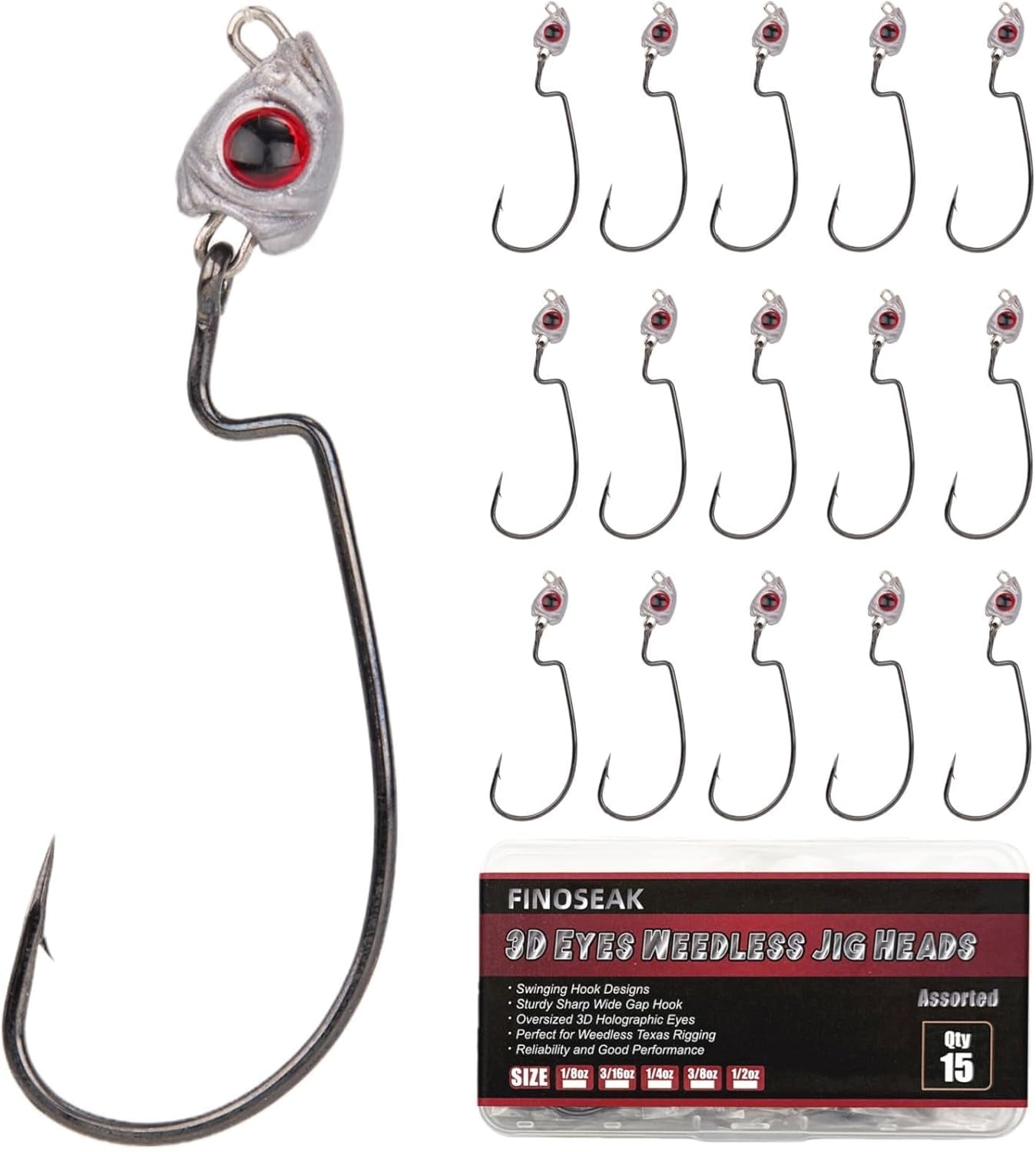 Vivid Fish Eyes Swimbait Jig Heads for Fishing, 15Pcs Swing Bass Jigheads Lifelike Weedless Jig Heads for Ned Rig or Texas Rig 1/8 3/16 1/4 3/8 1/2Oz