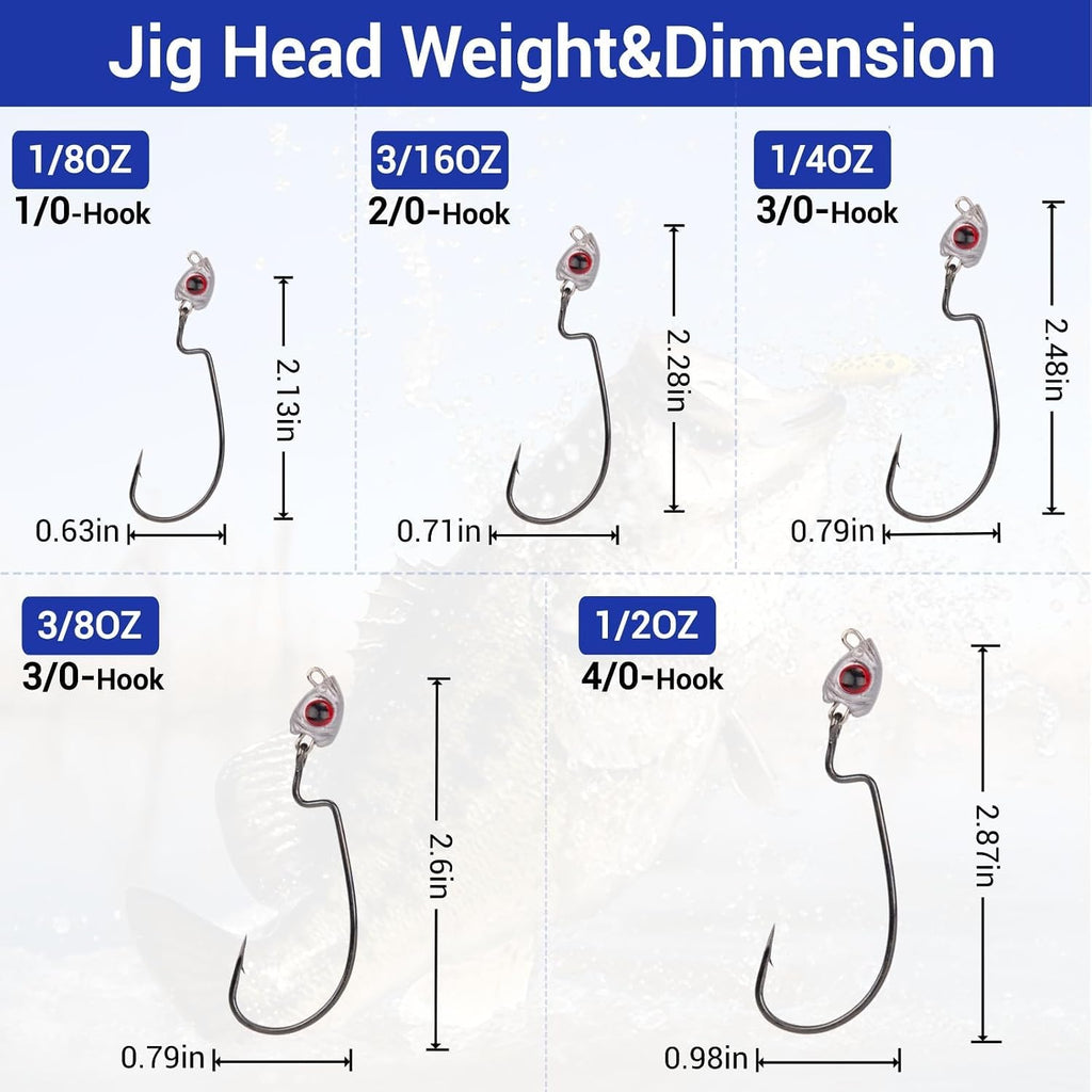 Vivid Fish Eyes Swimbait Jig Heads for Fishing, 15Pcs Swing Bass Jigheads Lifelike Weedless Jig Heads for Ned Rig or Texas Rig 1/8 3/16 1/4 3/8 1/2Oz