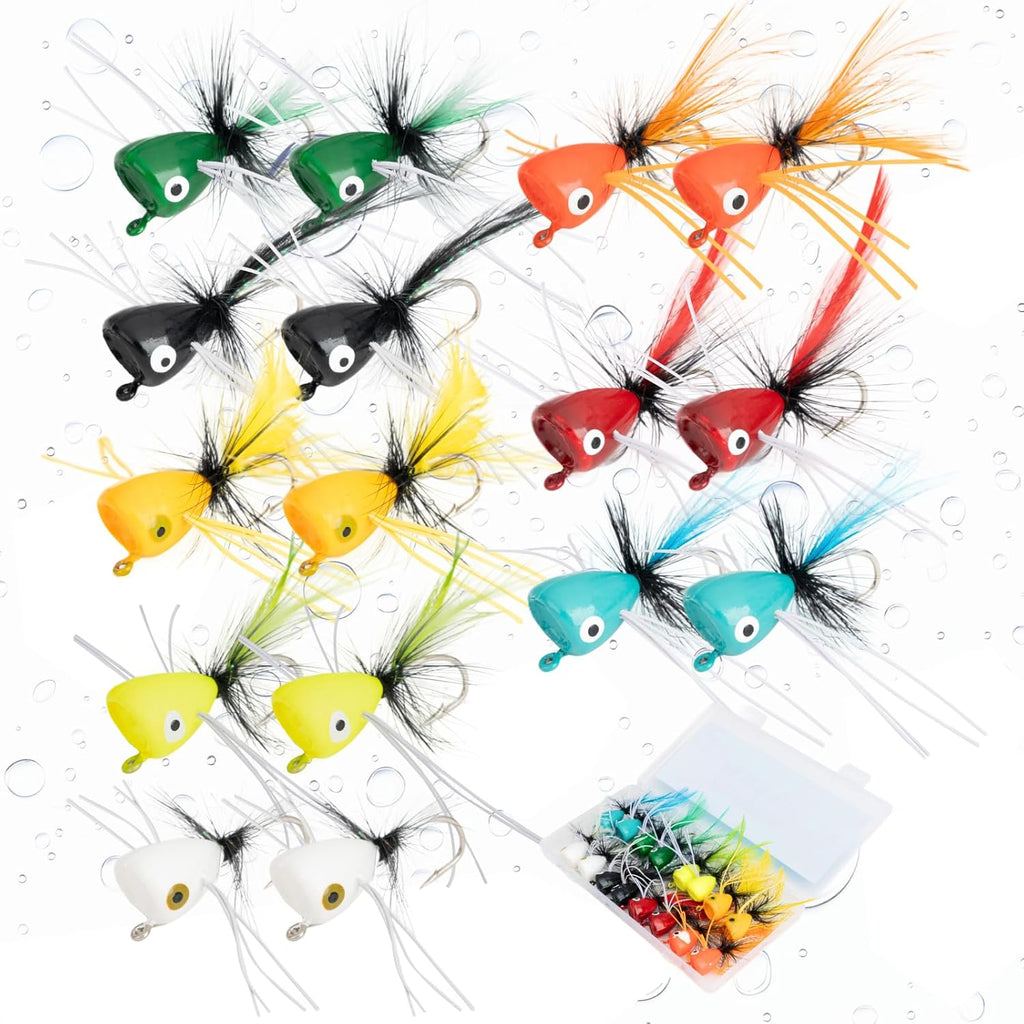 16 Pcs Topwater Fishing Lures Fly Fishing Poppers, 8 Color Popper Lures for Bass Bluegill Crappie Trout Salmon Panfish Perch, Topwater Lures Kit