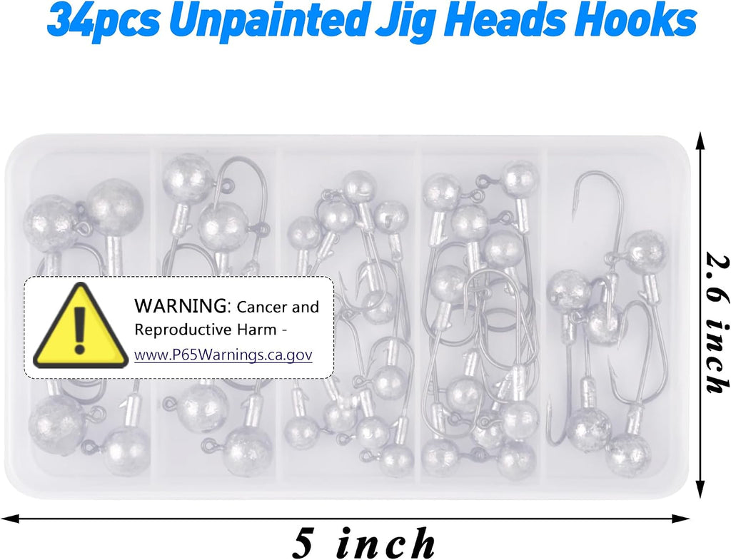 Jig Heads Fishing Hooks Set,Unpainted Jig Heads round Ball Crappie Jigs Sharp Swimbait Jig Heads for Bass Trout Crappie Walleye Saltwater Freshwater Fishing
