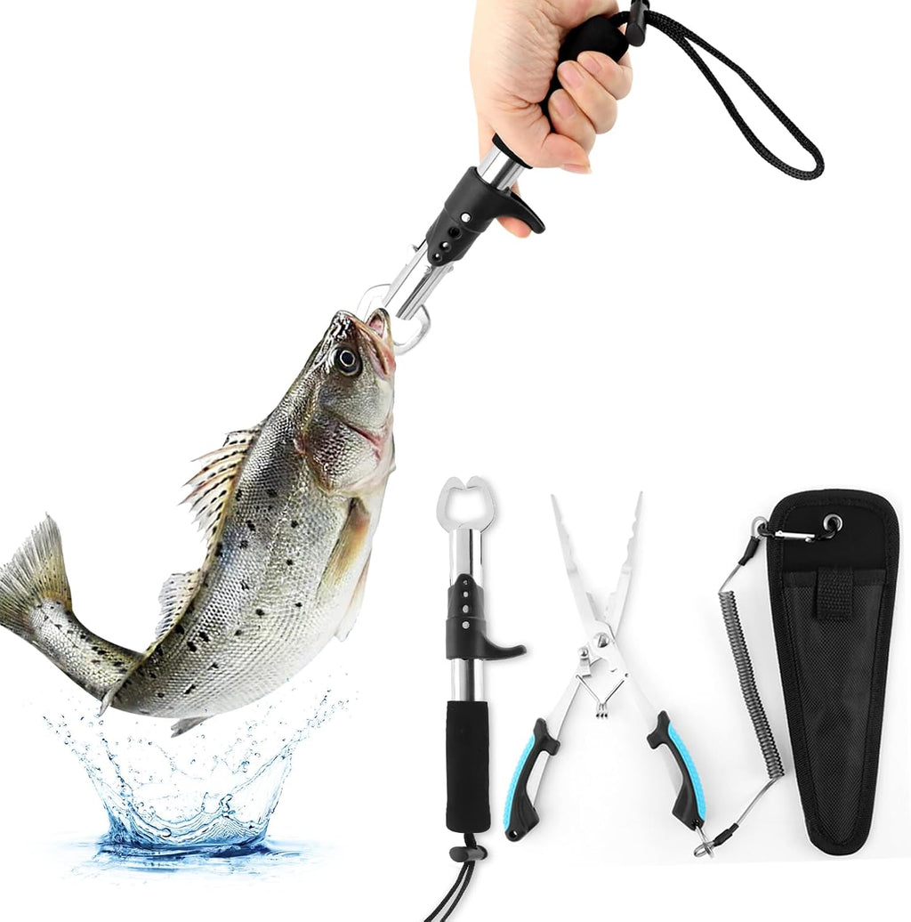 Stainless Steel Fishing Pliers and Fish Gripper Set with Sheath & Lanyard - Multifunctional Fishing Tool Kit for Saltwater Freshwater, Hook Remover, Line Cutter, Crimping